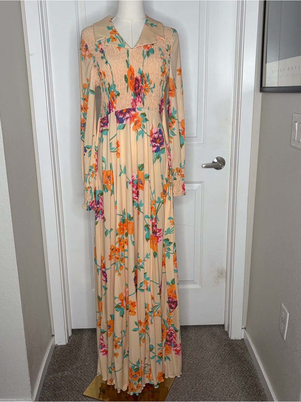 Vintage 70s Peach Orange Floral Maxi Dress Retro Boho